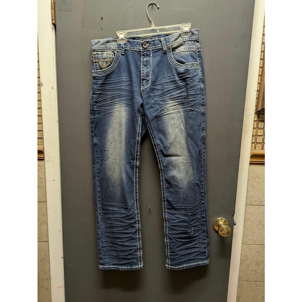 True Luck Men's 34x30 Bootcut Distressed Medium Wash Blue Jeans Y2K Grunge